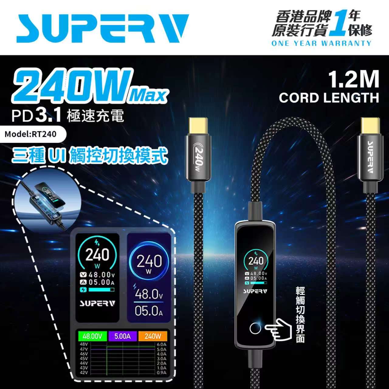 SUPERV 🇭🇰 RT240 TFT顯示快充線｜240W PD3.1・Type-C to C｜觸控屏幕・高速傳輸