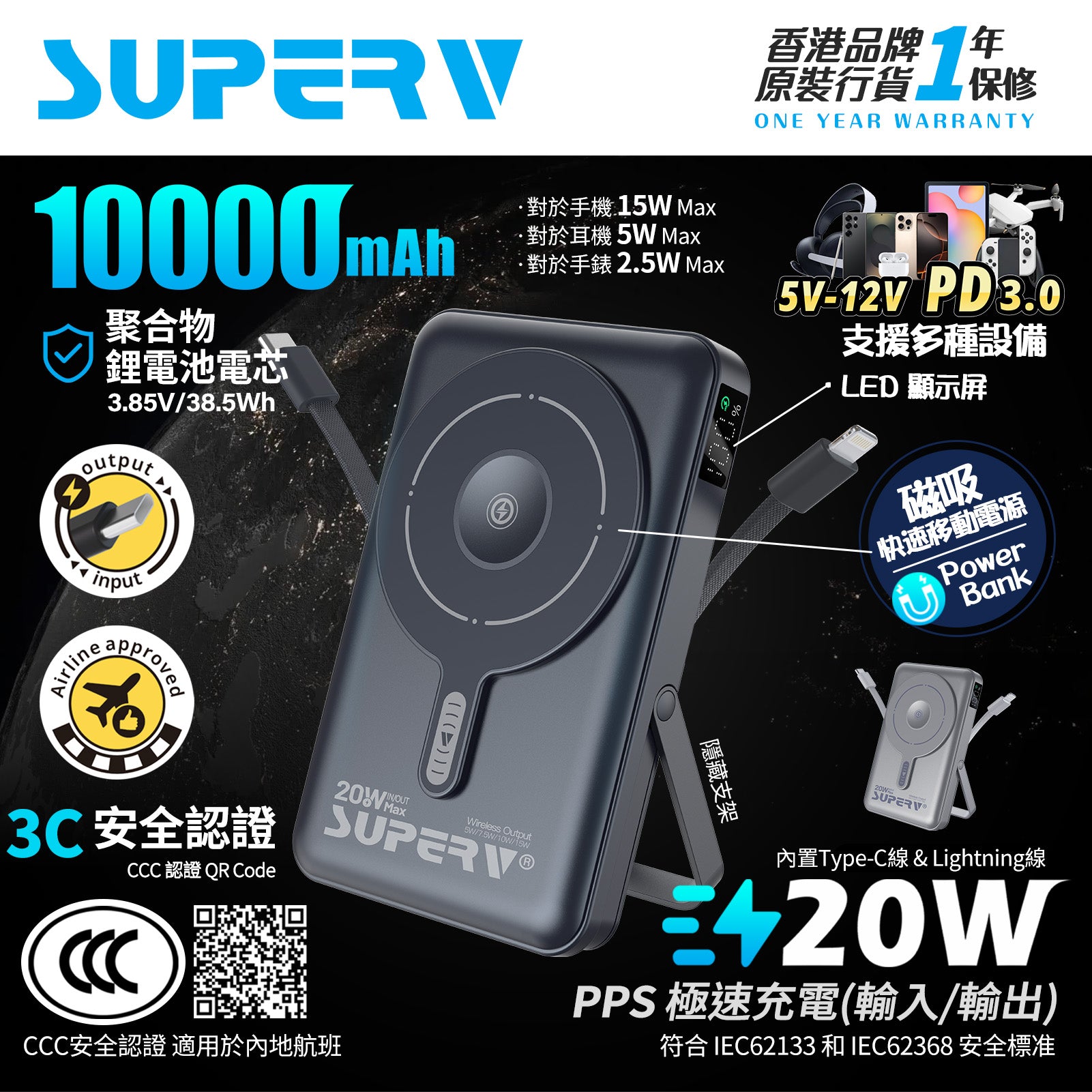 SUPERV 🇭🇰 F45 4合1磁吸快充行動電源｜10000mAh・15W MagSafe＋20W PD｜LED顯示・內置雙線